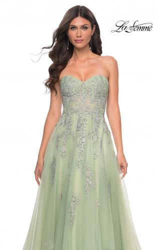Picture of: Lace Up A-Line Dress with Ruched Bodice and Sweetheart Top in Green, Style: 32084, Detail Picture 9