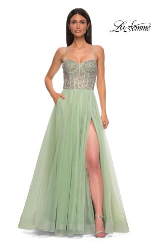 Picture of: Rhinestone Embellished Corset with Lace Up Back and Tulle Skirt in Sage , Style 32703, Detail Picture 9