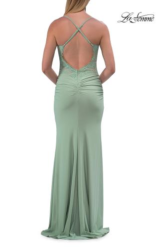 Picture of: Lace Bodice Fitted Gown with Slit and Open Crisscross Back in Sage, Style: 33386, Detail Picture 9