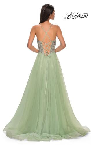 Picture of: Rhinestone Embellished Corset with Lace Up Back and Tulle Skirt in Sage , Style 32703, Detail Picture 10