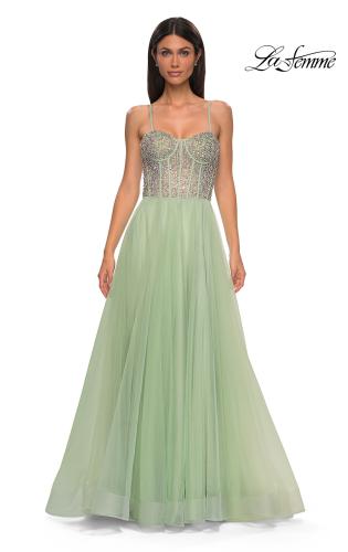 Picture of: Rhinestone Embellished Corset with Lace Up Back and Tulle Skirt in Sage , Style 32703, Detail Picture 11