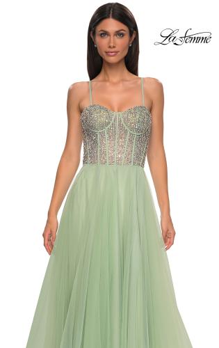 Picture of: Rhinestone Embellished Corset with Lace Up Back and Tulle Skirt in Sage , Style 32703, Detail Picture 16