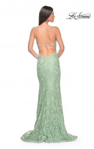 Picture of: Lace Dress with Deep V-Neck and Rhinestones in Sage, Style: 31134, Back Picture