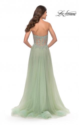 Picture of: Rhinestone Tulle Gown with Sheer Lace Bodice in Sage, Style: 31367, Back Picture