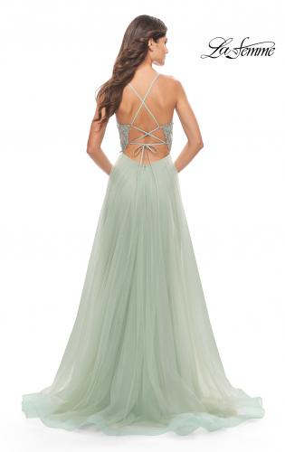 Picture of: Tulle Gown with Sheer Lace Bodice in Sage, Style: 31542, Back Picture