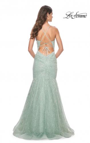 Picture of: Intricate Beaded and Rhinestone Mermaid Prom Dress in Sage, Style: 32026, Back Picture