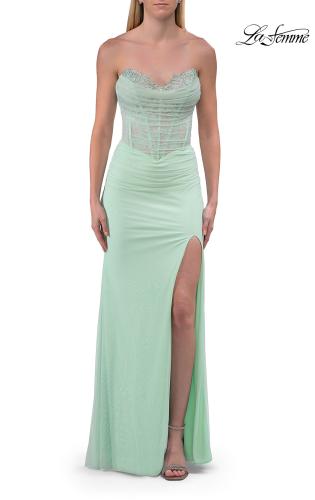 Picture of: Strapless Corset Gown with High Slit and Ruched Jersey Skirt in Sage, Style: 33465, Detail Picture 26
