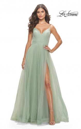 Picture of: Tulle A-Line Prom Dress with Rhinestone Straps in Sage, Style: 31204, Detail Picture 1