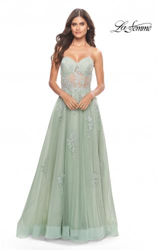Picture of: Tulle A-Line Gown with Beautiful Lace Applique in Sage, Style: 31577, Detail Picture 1