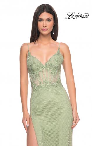 Picture of: Stunning Rhinestone Fishnet Dress with Lace Detail Bodice in Sage, Style: 32236, Detail Picture 1