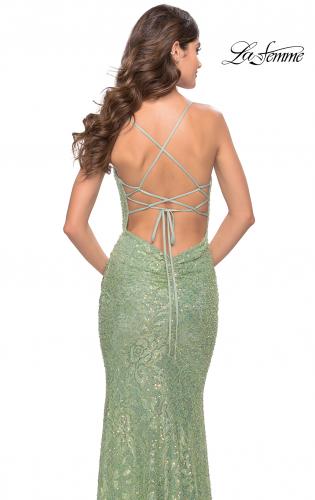 Picture of: Draped Neck Beaded Lace Prom Dress with Ruching in Sage, Style: 31527, Detail Picture 2