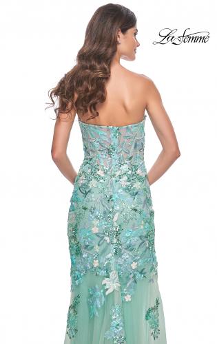 Picture of: Multi Color Lace Floral Applique on Fitted Strapless Sage Gown in Sage, Style: 32252, Detail Picture 2