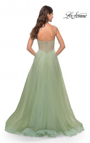 Picture of: Tulle A-line Prom Dress with Corset Sheer Bodice in Sage, Style: 31502, Detail Picture 3