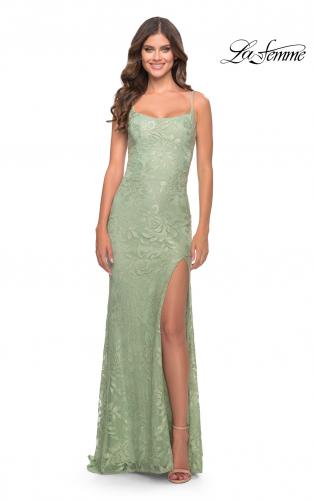 Picture of: Simple Stretch Lace Dress with Slit in Sage, Style: 31259, Detail Picture 4