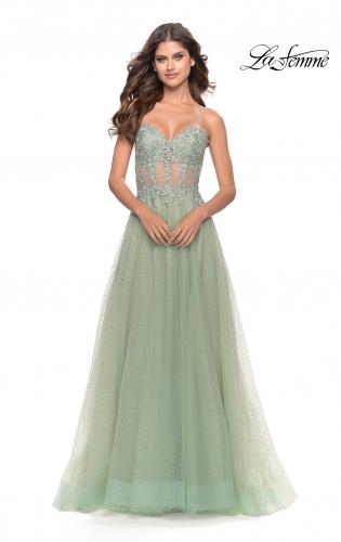 Picture of: Rhinestone Tulle Gown with Sheer Lace Bodice in Sage, Style: 31367, Detail Picture 4
