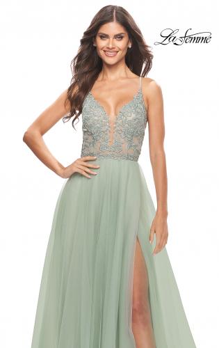 Picture of: Tulle Gown with Sheer Lace Bodice in Sage, Style: 31542, Detail Picture 4