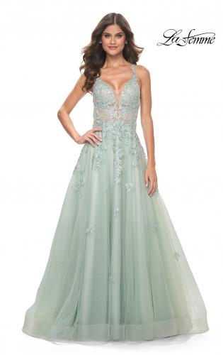 Picture of: A-Line Tulle Dress with Rhinestone Embellished Lace Applique in Light Colors in Sage, Style: 32438, Detail Picture 4