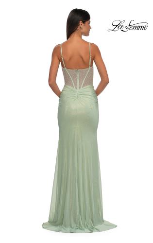 Picture of: Pearl and Rhinestone Detail Corset Top with Metallic Skirt Dress in Sage, Style: 33003, Detail Picture 4