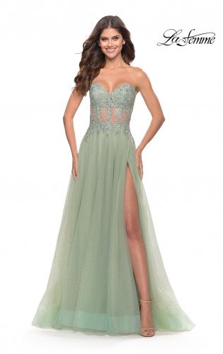 Picture of: Rhinestone Tulle Gown with Sheer Lace Bodice in Sage, Style: 31367, Detail Picture 5