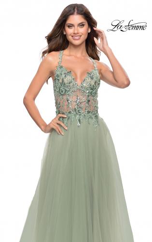 Picture of: Tulle A-Line Gown with Sheer Bodice and Beaded Lace Detail in Sage, Style: 31369, Detail Picture 5