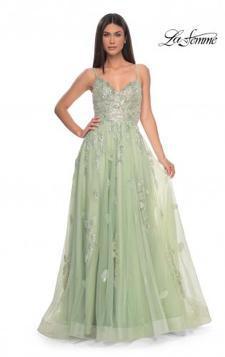 Picture of: Two Tone Tulle A-Line Prom Dress with Floral Beaded Detail in Sage, Style: 32090, Detail Picture 5