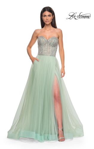 Picture of: Stunning Prom Dress with Rhinestone Lined Corset Top in Sage , Style 32811, Detail Picture 5