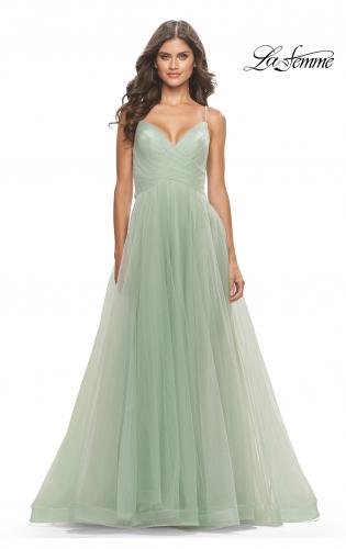 Picture of: Tulle A-Line Prom Dress with Rhinestone Straps in Sage, Style: 31204, Detail Picture 6