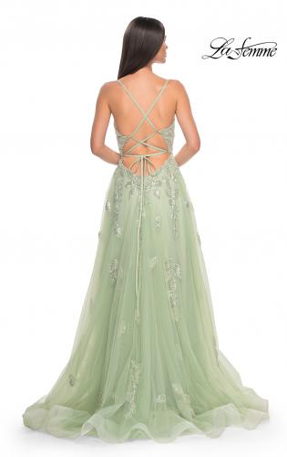 Picture of: Two Tone Tulle A-Line Prom Dress with Floral Beaded Detail in Sage, Style: 32090, Detail Picture 6