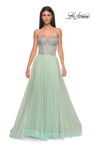 Picture of: Stunning Prom Dress with Rhinestone Lined Corset Top in Sage , Style 32811, Detail Picture 7