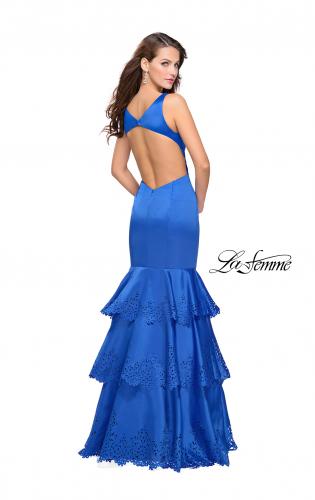 Picture of: Satin Prom Dress with Laser Cut Detail and Tulle Skirt in Sapphire Blue, Style: 25749, Back Picture