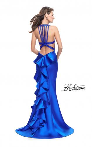 Picture of: Mikado Mermaid Dress with Embellished High Neckline in Sapphire Blue, Style: 25838, Back Picture