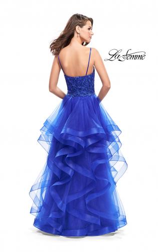 Picture of: Long Ball Gown with Tulle Skirt and Beaded Lace Bodice in Sapphire Blue, Style: 25857, Back Picture