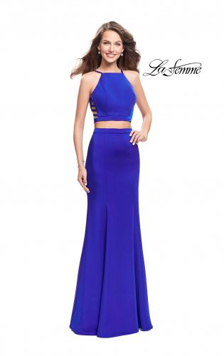 Picture of: Two Piece Jersey Prom Dress with High Neckline in Sapphire Blue, Style: 25220, Detail Picture 1