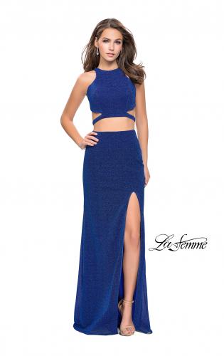 Picture of: Glittering Two Piece Jersey Prom Dress with Side Leg Slit in Sapphire Blue, Style: 25572, Detail Picture 1
