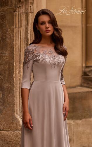 Picture of: Jersey Mother of the Bride Gown with Lace Neckline, Style: 29227, Detail Picture 1