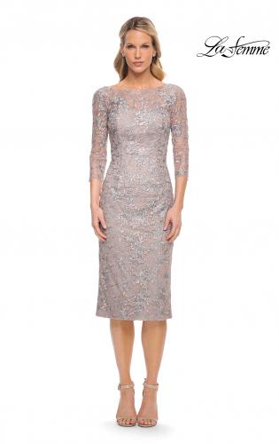 Picture of: Fitted Lace Short Dress with Illusion Sleeves in Silver, Style: 30036, Main Picture
