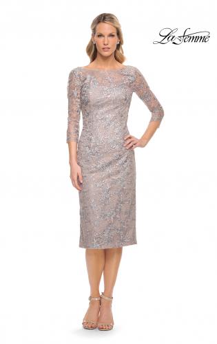 Picture of: Fitted Lace Short Dress with Illusion Sleeves in Silver, Style: 30036, Detail Picture 1