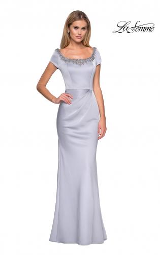 Picture of: Long Satin Gown with Embellished Square Neckline in Silver, Style: 27244, Main Picture