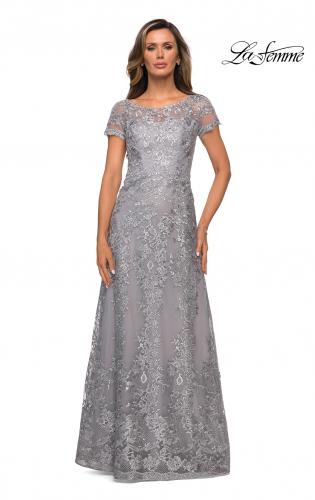Picture of: Long Lace Dress with Sheer Neckline and Cap Sleeves in Silver, Style: 27935, Main Picture