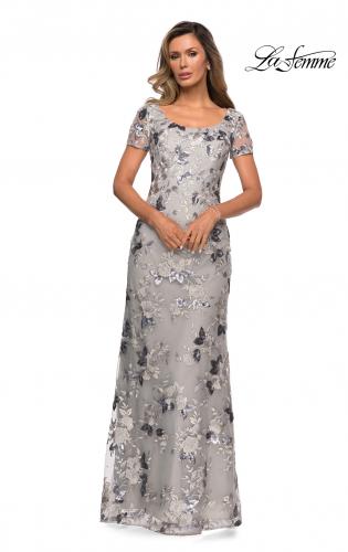 Picture of: Floral Short Sleeve Formal Dress with Scoop Neck in Silver, Style: 27991, Main Picture