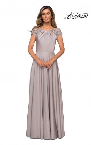 Picture of: Long Satin Dress with Sheer Floral Lace Cap Sleeves in Silver, Style: 28100, Main Picture