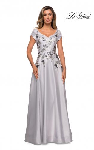 la femme metallic floral embellished evening dress