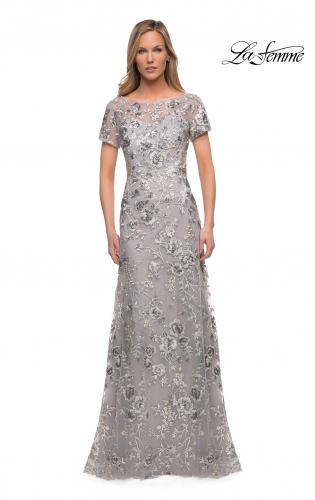 Picture of: Silver Lace and Sequin Long Gown with Short Sleeves in Silver, Main Picture