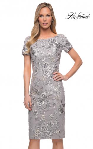 Picture of: Short Sleeve Below the Knee Dress with High Neckline in Silver, Main Picture