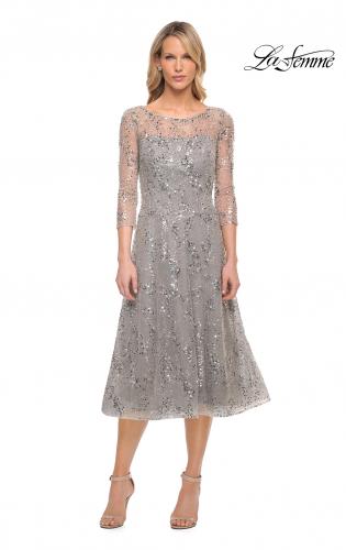 Picture of: Lace Tea Length Dress with Flare Skirt and High Neckline in Silver, Style: 30002, Main Picture