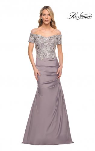 Picture of: Off the Shoulder Satin and Lace Beaded Mermaid Gown in Silver, Style: 30045, Main Picture
