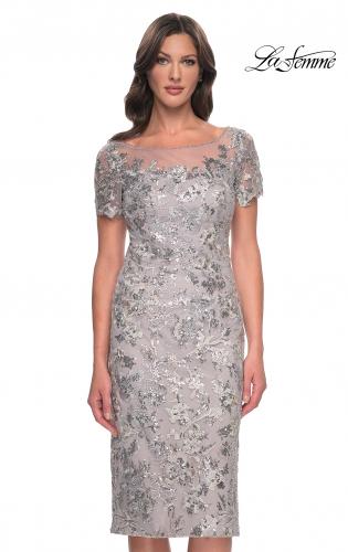 Picture of: Lace and Sequin Short Dress with Illusion Neckline in Silver, Style: 30854, Main Picture