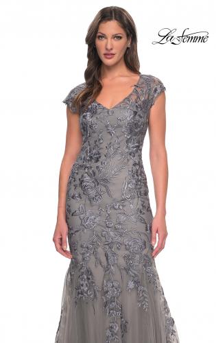 Picture of: Lace and Tulle Mermaid Gown with Cap Sleeves in Silver, Style: 30269, Detail Picture 9