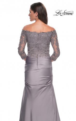Picture of: Mermaid Satin Dress with Gathering and Off the Shoulder Top in Silver, Style: 30853, Detail Picture 12