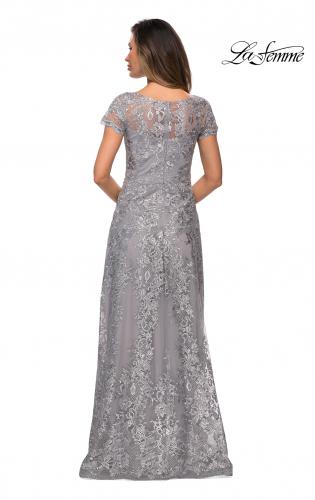 Picture of: Long Lace Dress with Sheer Neckline and Cap Sleeves in Silver, Style: 27935, Back Picture